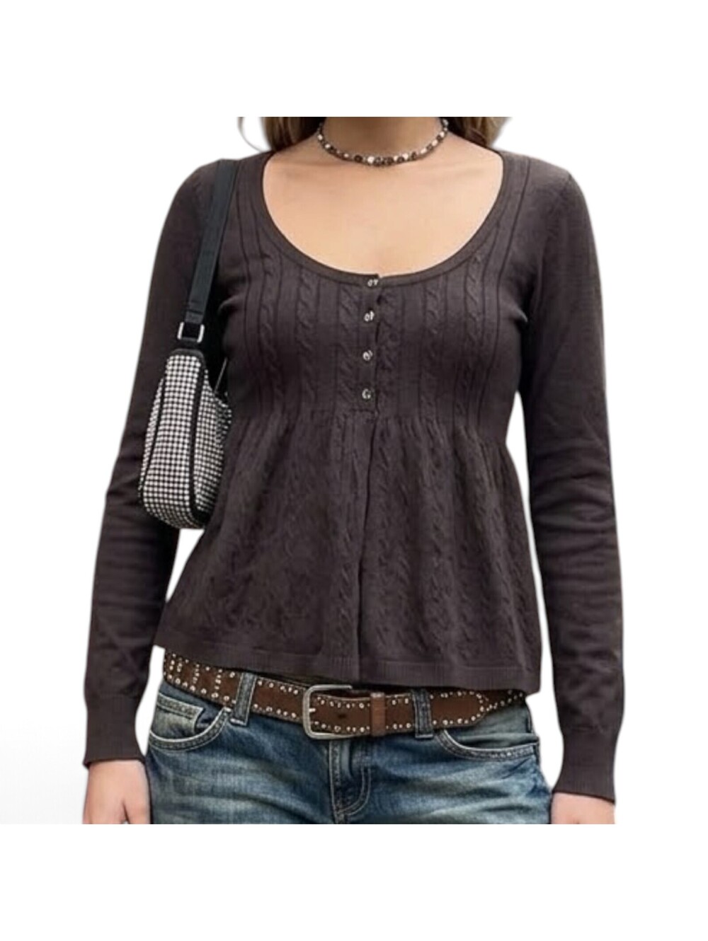 Just Polly New York Brown Cable Knit Peplum Sweater XS